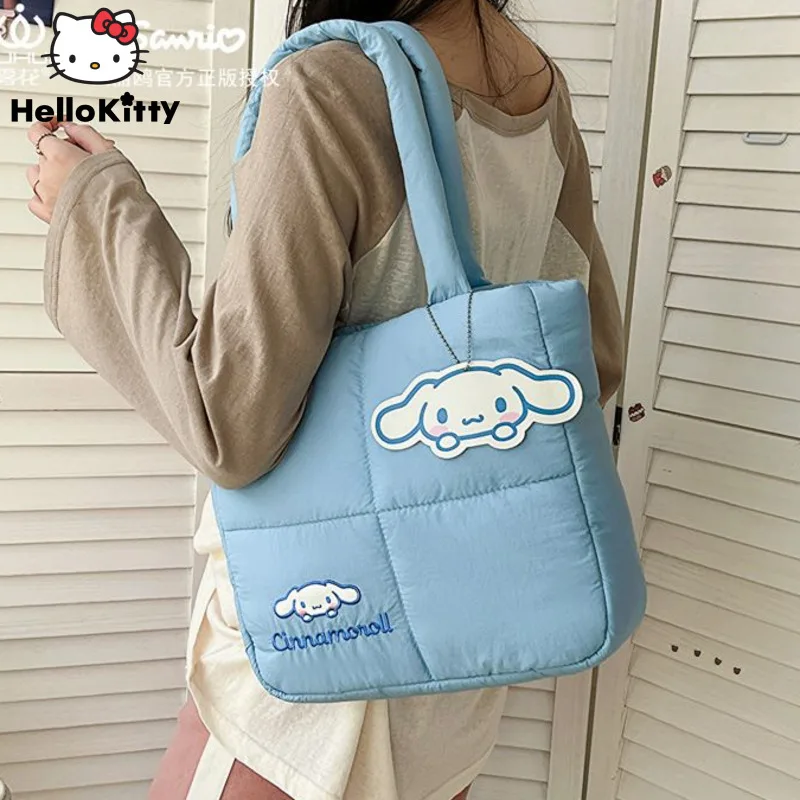 Sanrio Hello Kitty Melody Cinnamoroll Embrioded Down Fabric Tote Bag Y2k Women's New Portable Handbag Cute Makeup Bag Lunch Bag