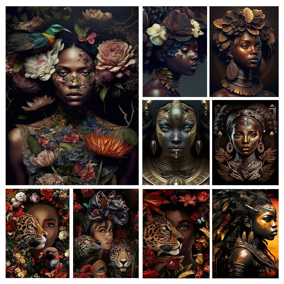 Jungle African Woman Flower 5D Diy Diamond Painting Full Diamond Embroidery Mosaic Leopard Animals Pictures Of Rhinestones X1220