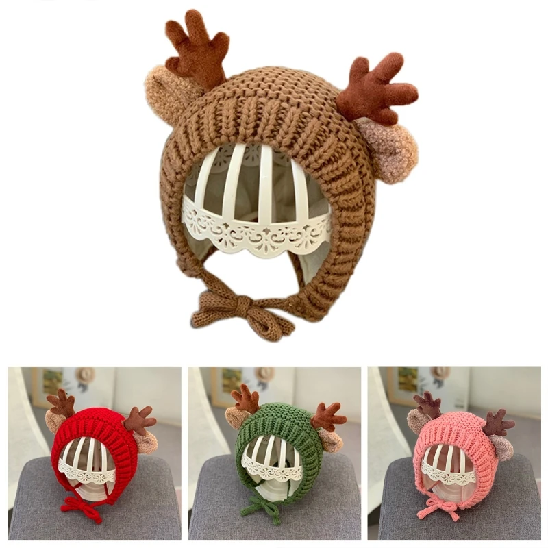 Infant Winter Beanie Hat Earflap Warm Reindeer Antlers Animal Knitted