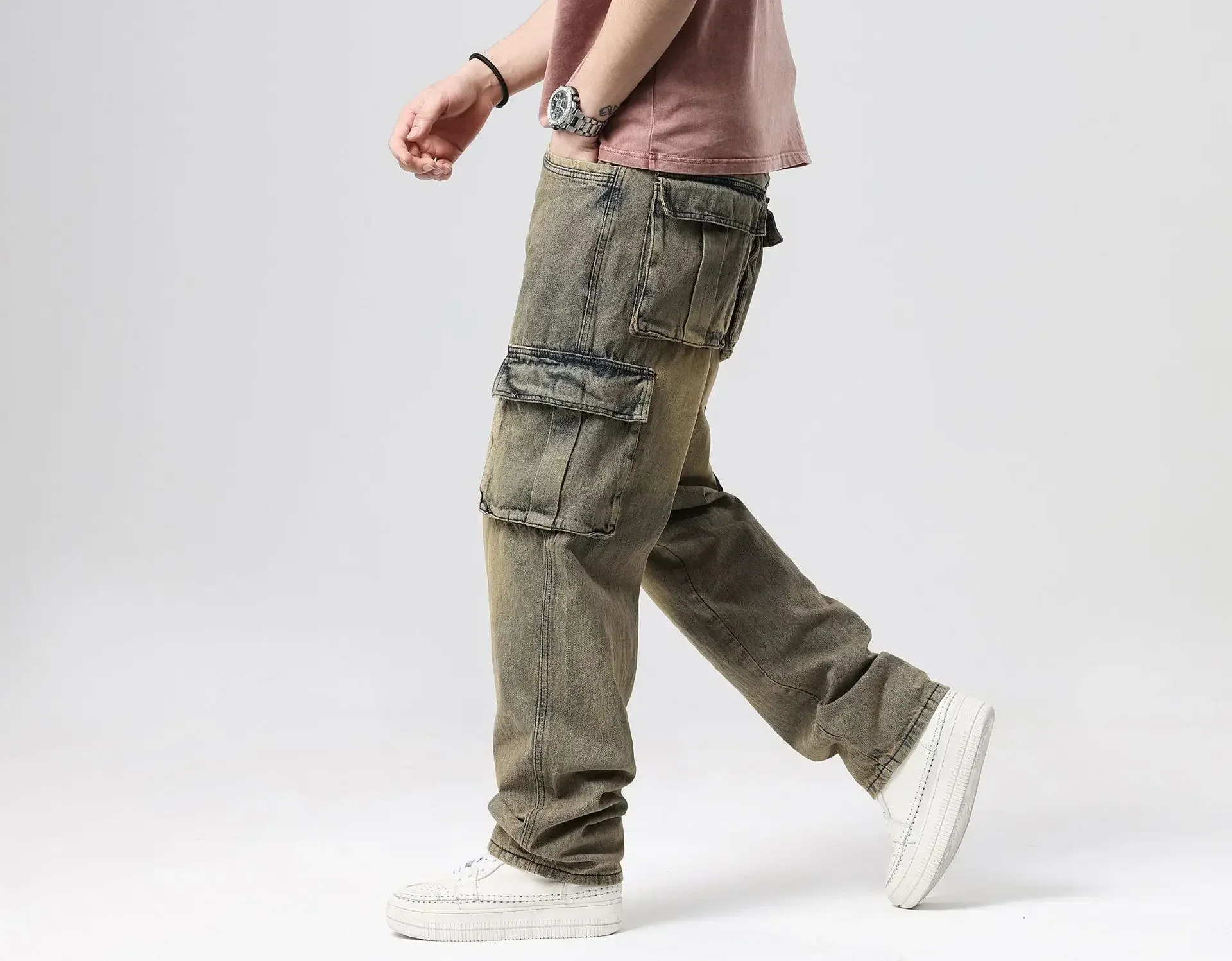 Distressed กางเกงยีนส์ผู้ชาย Baggy ตรงกางเกงเอวสูงหลายกระเป๋าล้างข้อเท้าความยาวกางเกง Denims 2024 ฤดูใบไม้ร่วง Streetwear