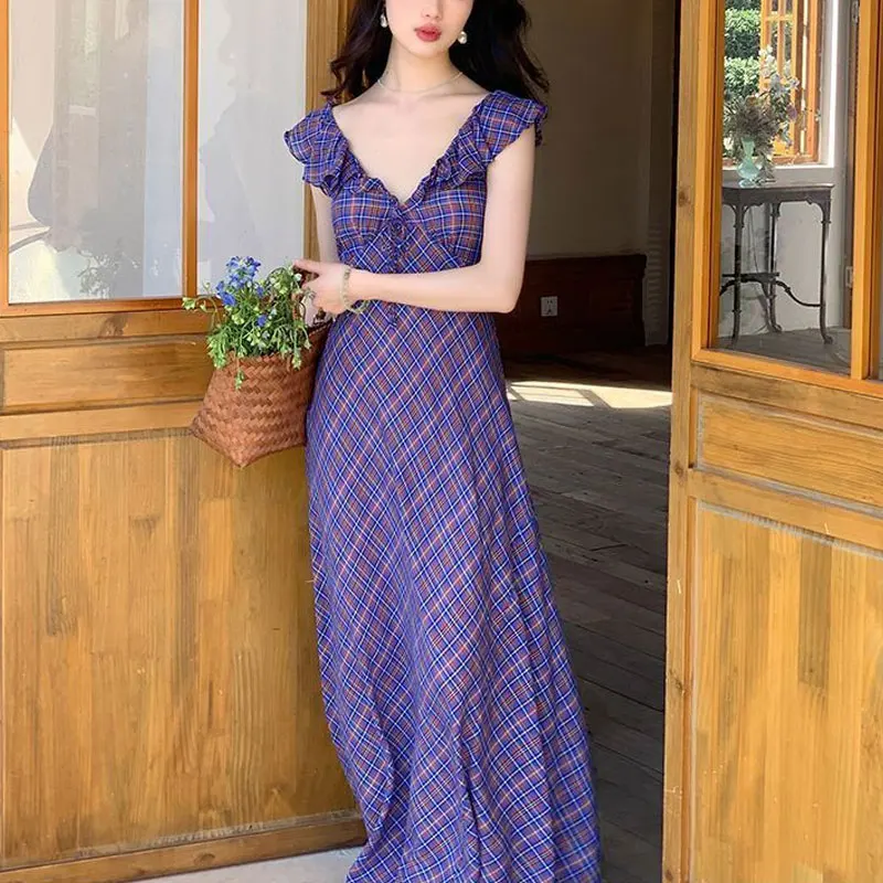 Stylish French Style Long Dress Female Clothing Vintage Purple Plaid Summer New V-Neck Drawstring Elegant Flying Sleeve Dresses