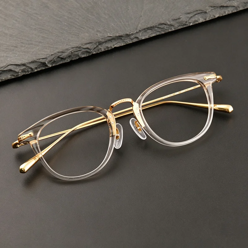 Unisex Retro Round Prescription Glasses Ultra-light Acetate Front Gold Titanium Temple Optical Eyeglasses Custom Myopia Eyewear
