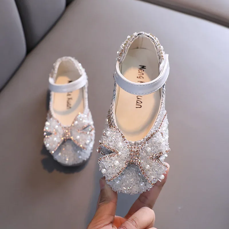 Kid Mary Jane Shoes for Girl Rhinestone Bowknot Elegant Princess Shoes for Party Wedding Soft Simple Children Flat Leather Shoes