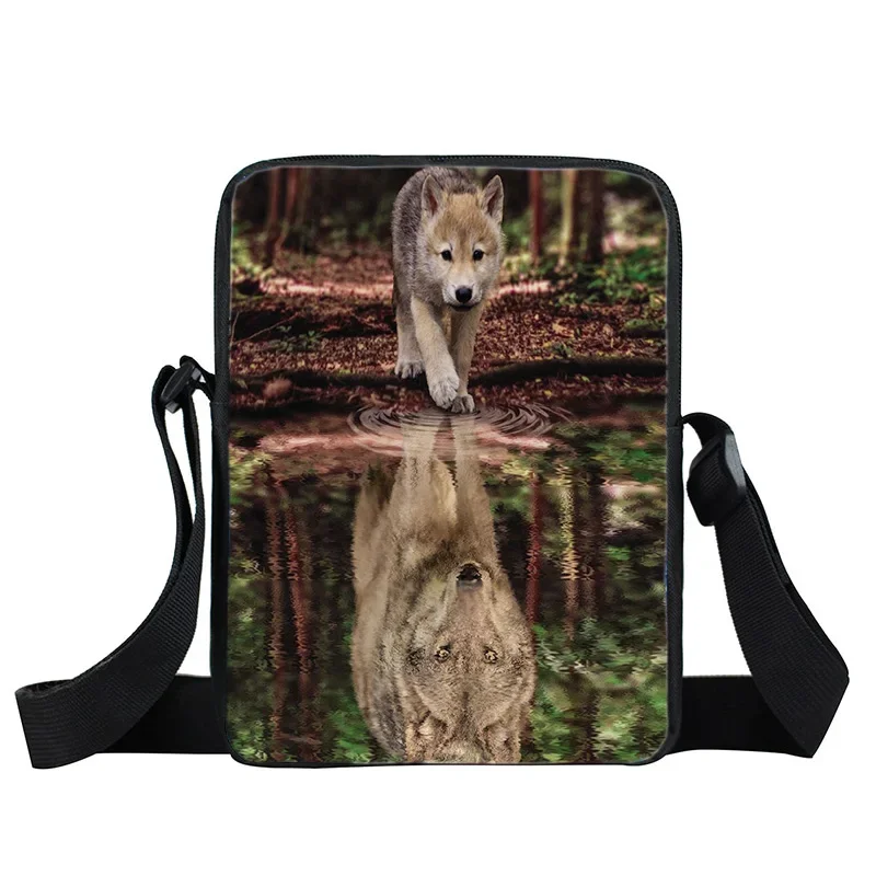 Animal lobo cão impressão digital diy crianças bolsa de ombro estudantes da escola primária saco crossbody menino menina sacos do telefone móvel