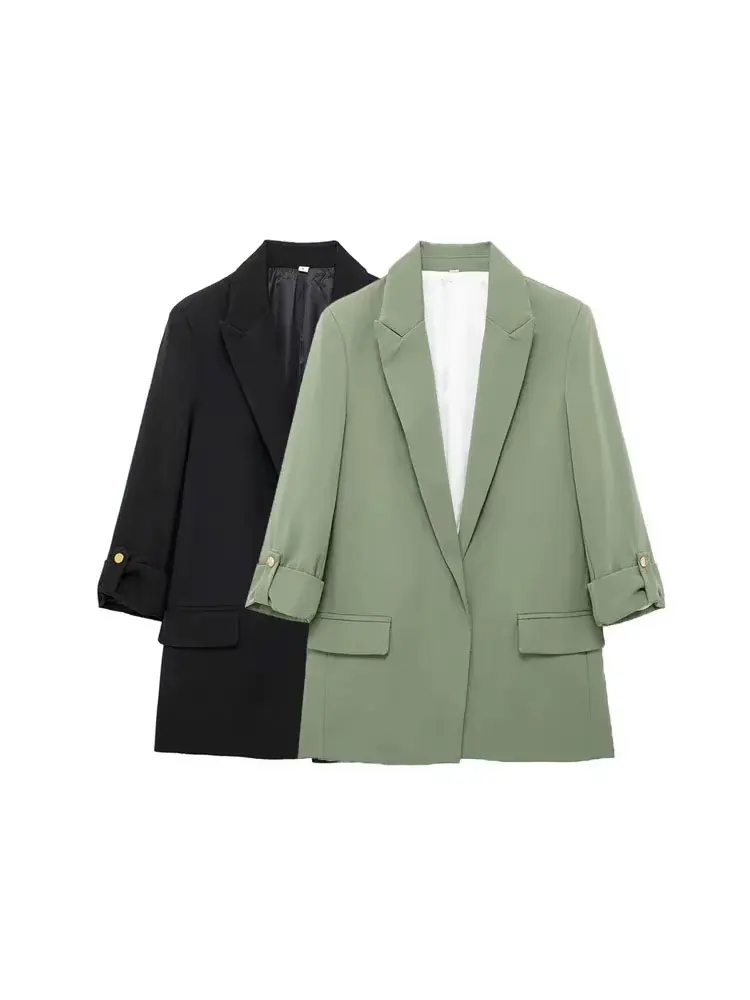 

TRZA-Women's Open Blazer Coat with Turn-up Sleeves, Front Flap Pockets, Female Outerwear, Chic Tops, Chic Fashion