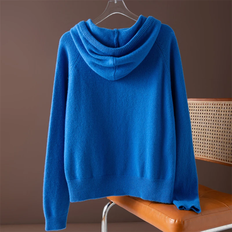 المرأة هوديي سترة 100% بحيرة الطبيعية الأزرق مقنعين الرقبة طويلة الأكمام البلوز الأعلى الدافئة الخريف الشتاء M1464