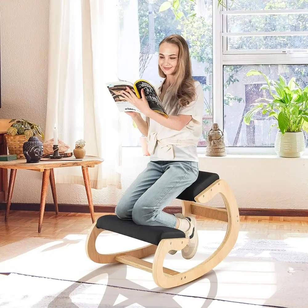 Ergonomic Kneeling Desk Chair, Rocking Knee Chair With Cushion & Solid Wood Frame, Natural Relief For Ne Or Ba Pain, Posture