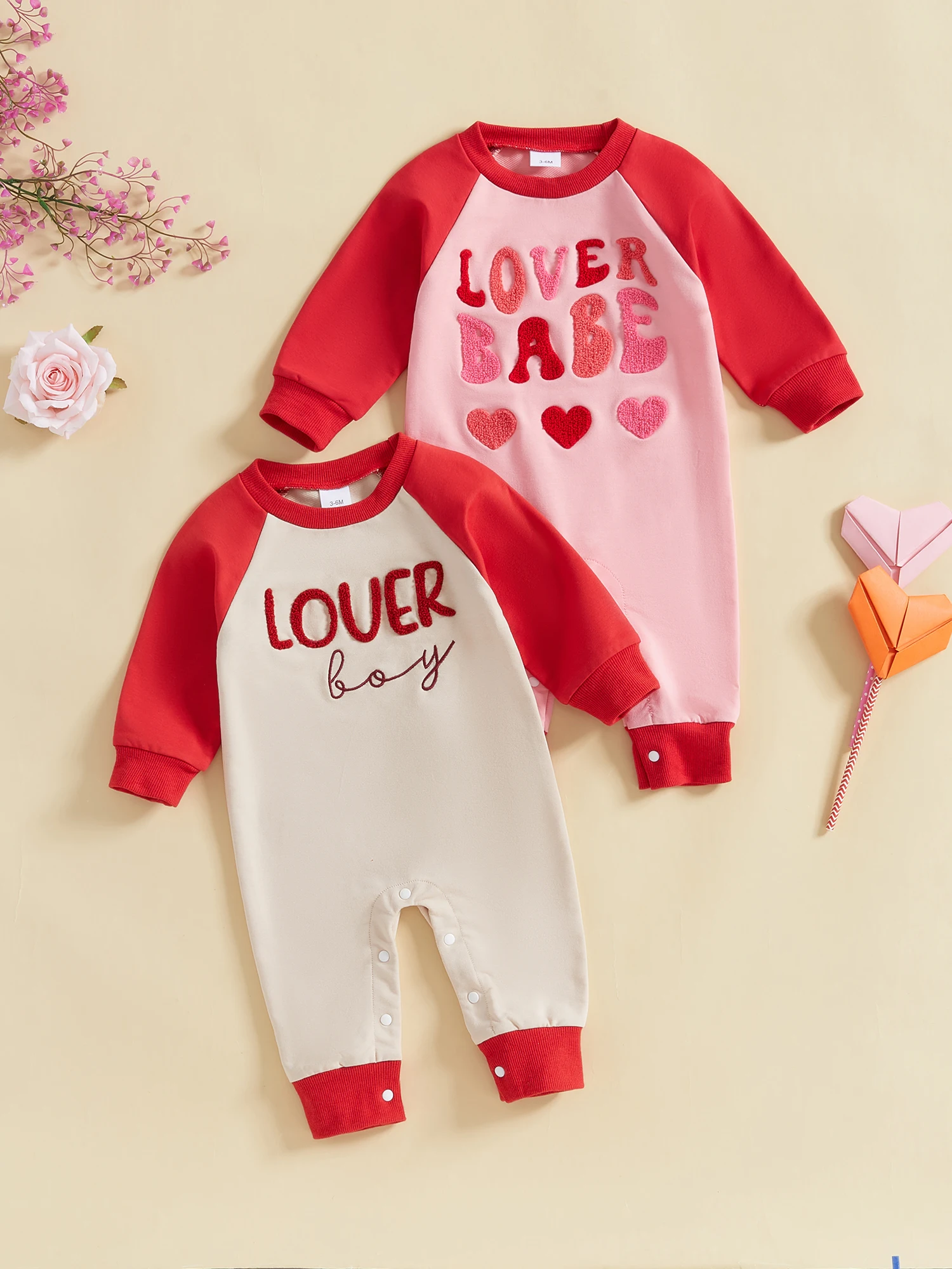 Baby Valentine's Day Romper Letter Embroidery Long Sleeve Crew Neck Full Length Jumpsuit for Boys and Girls