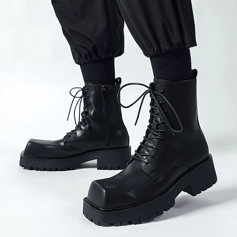 large size men's casual stage nightclub platform boots square toe natural leather shoes cowboy autumn winter boot high botas man
