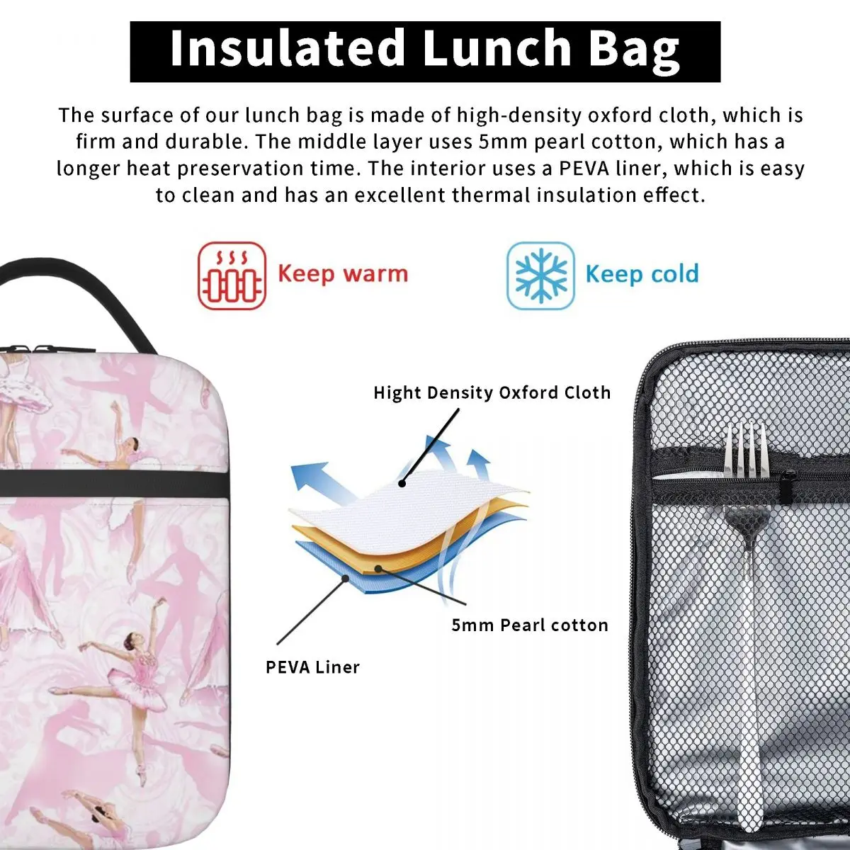 Ballet Dance Makes Me Free Ballerina Dancer Insulated Lunch Bag for Women Kids Leakproof Food Boxes Thermal Lunch Box Tote