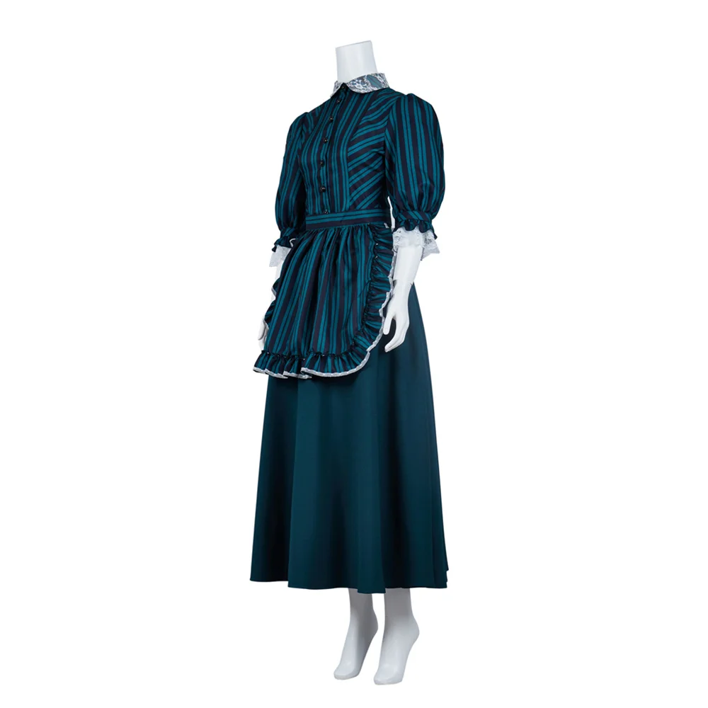 Haunted House Haunted Cos Mansion Edwardian Maid Dress Suit Green Stripes Maid Apron Ghost Costume Halloween Carnival Dress