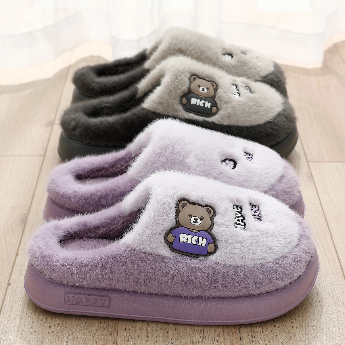 Winter Warm Cartoon Letter Bear Women Furry Slippers Fashion Thick EVA Sole Couple Men Home Cotton Plush Shoes