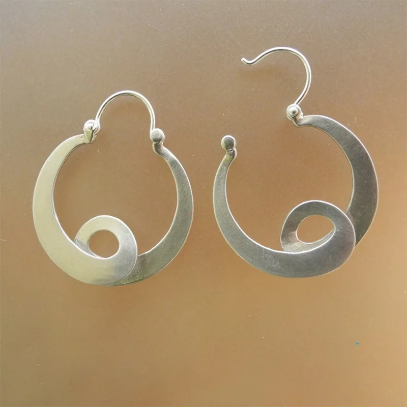 Tribal U Shaped Curl Hoop Earrings Vintage Jewelry Silver Color Spiral Design Statement Earrings for Women