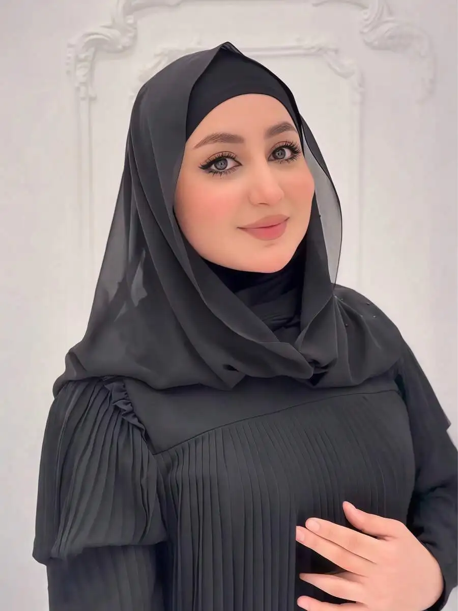 

Black Elastic Knitted Headscarf Turban Covering Neck For Prayer Travel Work Daily Wear