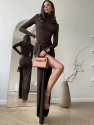 Fantoye 여성용 섹시한 허벅지 하이 스플릿 터틀넥 맥시 원피스 커피 긴팔 붕대 원피스, 스키니 우아한 파티 클럽웨어, 겨울