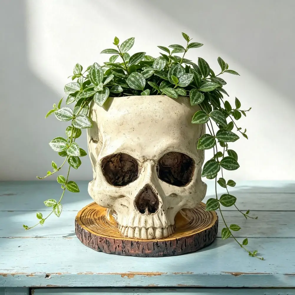 Halloween Retro Skull Planter Spooky Gothic Human Skull Head Flower Pot Skeleton Candy Bowl Decoration for Tabletop Home Decor