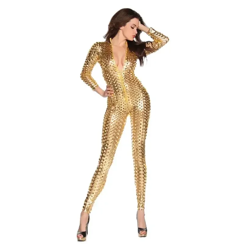 

Sexy Hollow Out Patent Leather Jumpsuit Pencil Pants Women Front Zipper Slim Long Sleeve Rompers Female Nightclub Hip Wrap Wear