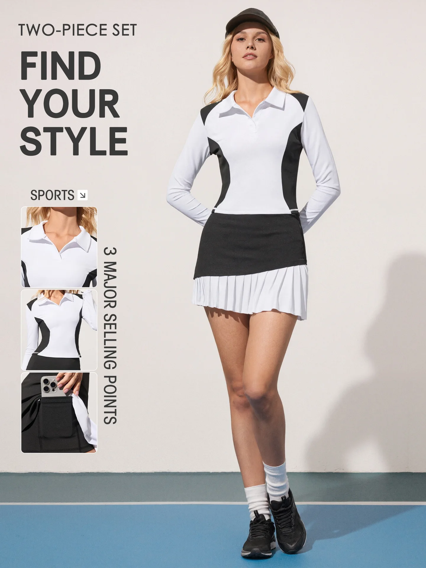 Women Black White Color Block Two‑Piece Tennis Golf Set Polo Collar Long Sleeve Slim Fit Top And Skort For Fitness Workout Sport