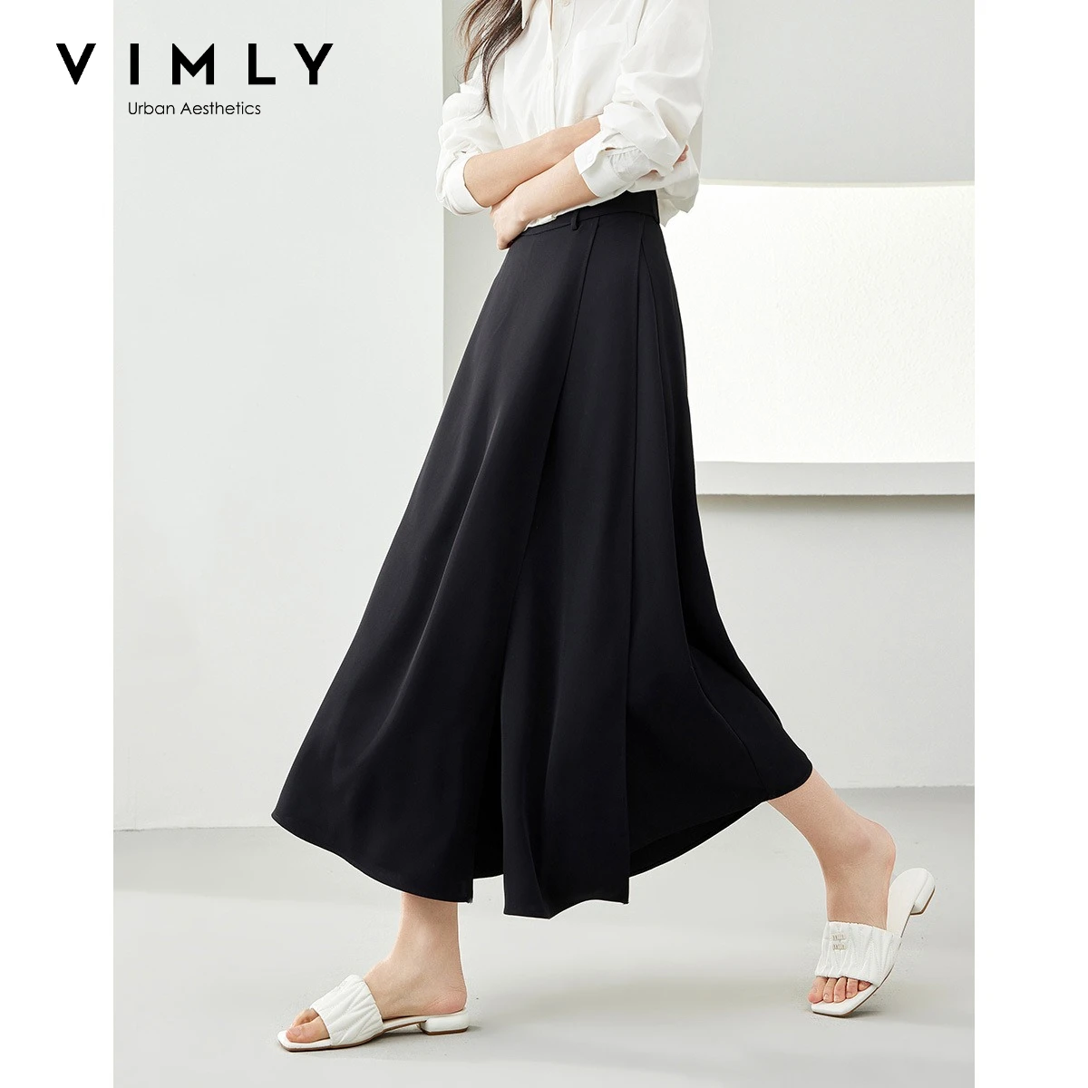 

Vimly Black Wide-Leg Pants 2026 Autumn Flowy Ankle-Length Side Zipper Detail Trousers Office Lady Commuter Fashion Bottoms A1738