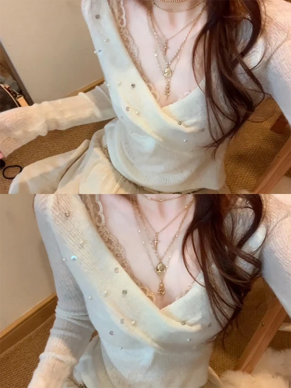 

Осенне-зимний вязаный свитер с блестками, V-образным вырезом и длинными рукавами, облегающий, теплый, базовый, для повседневной носки, в корейском стиле, женский