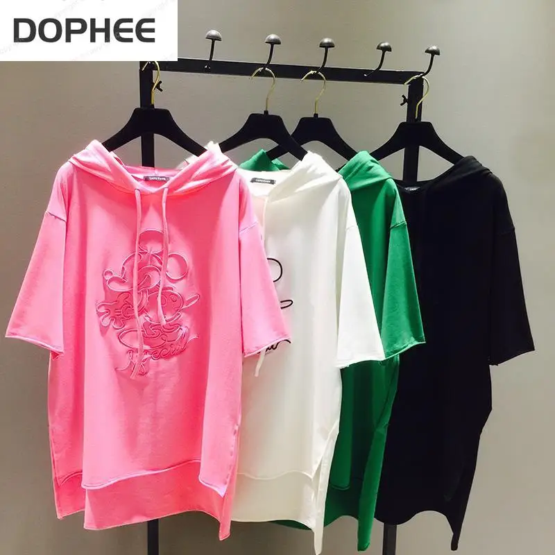 New Summer Women Embroidery Tshirt Loose Hoodies Medium-long Short Sleeve Tops All-match Students T-shirts Korean Female T Shirt