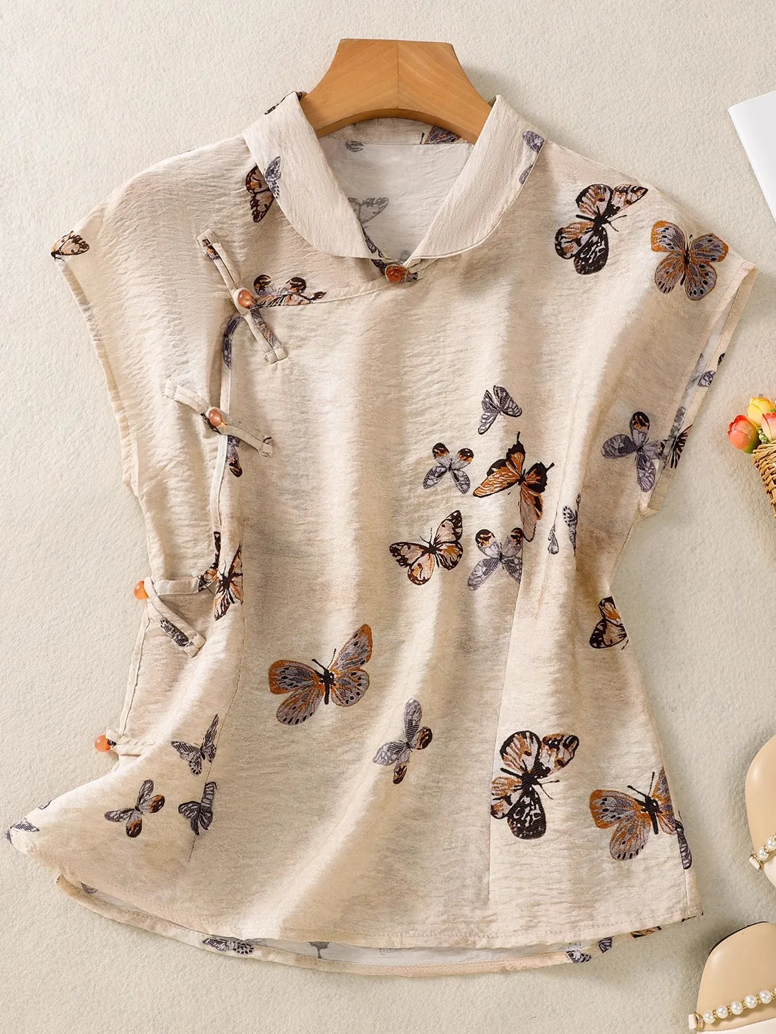 

Ele Print Cotton Linen irt Women's Summer New Chinese Sle National Wind Oblique Sve Collar Turn-down Col...