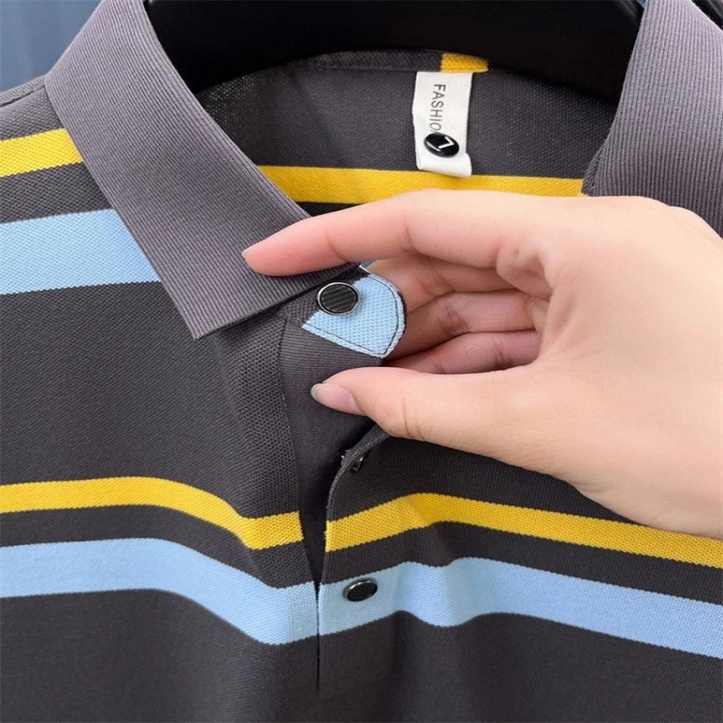 New men's high-quality striped short sleeved polo shirt, summer fashion, casual, breathable, silky and cool T-shirt top