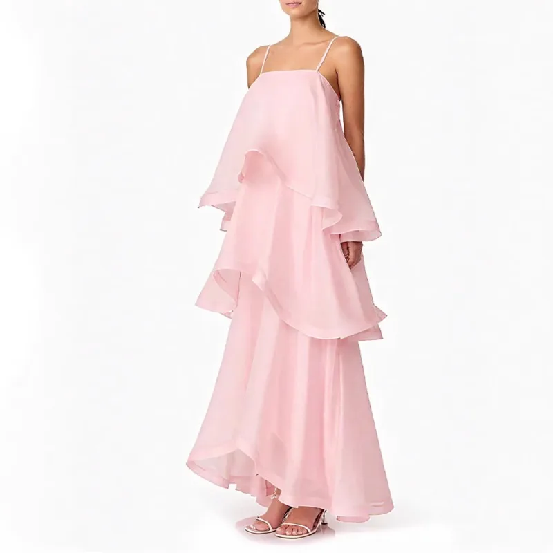 European and American women's clothing 2025 summer new pure color casual fashion multi-layer ruffle edge suspender dress