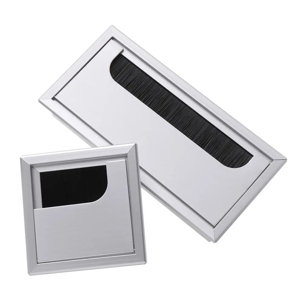 Aluminum Alloy PC Desk Rectangle Wire Cable Grommet Office Table Hole Cover Outlet Port with Black Brush