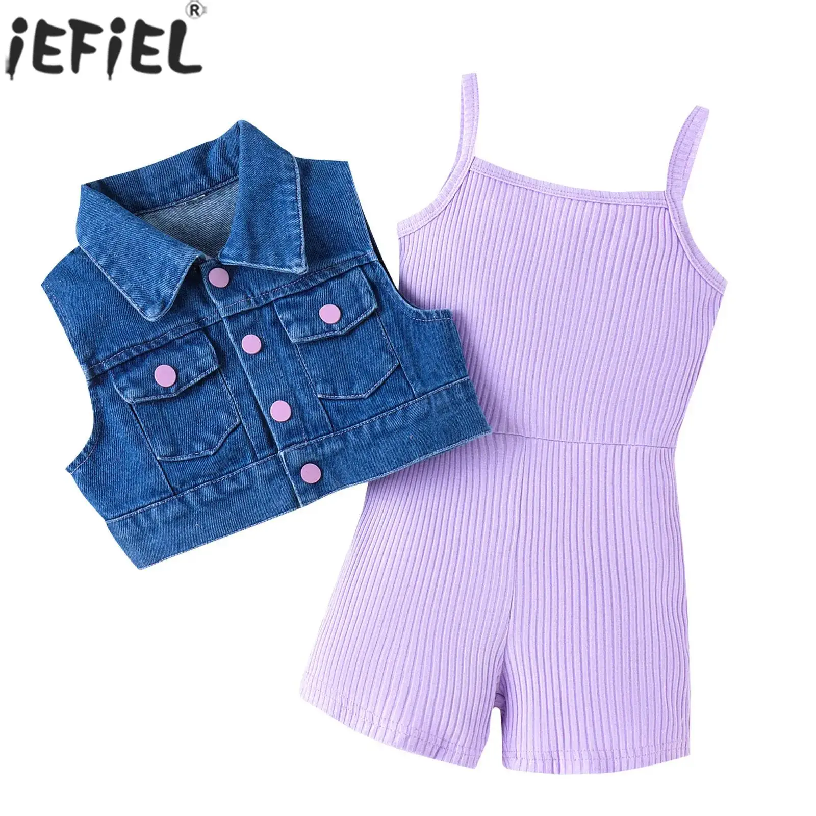 

Baby Girls Fashion Casual Knitted Camisole Bodysuit with Denim Vest Coat School Daily Birthday Party Outfit Streetwear Homewear