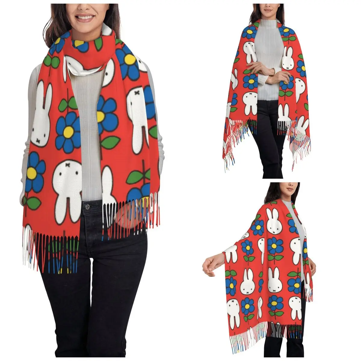 Miffyy Shawls Wraps for Womens Warm Large Soft Scarf Cute Cartoon Neckerchief Tassel Scarves