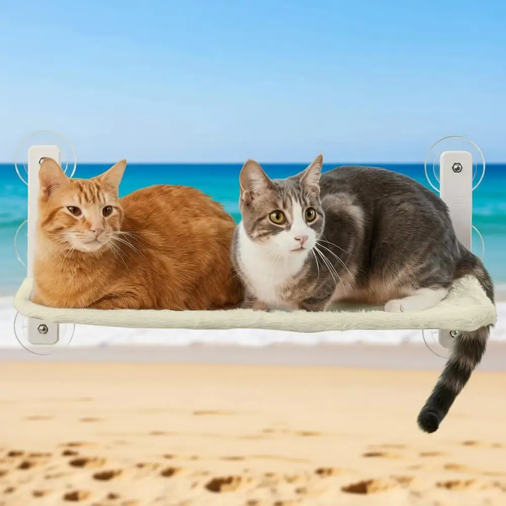 

Large Beige Suction Cup Cat Window Hammock Bed with Sherpa Cover and Wall Shelves
