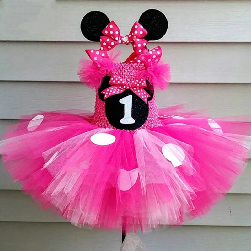 Bonito meninas rosa mickey tutu vestido bebê crochê tule vestido com pontos brancos e arco de cabelo crianças festa aniversário dos desenhos animados cosplay vestido