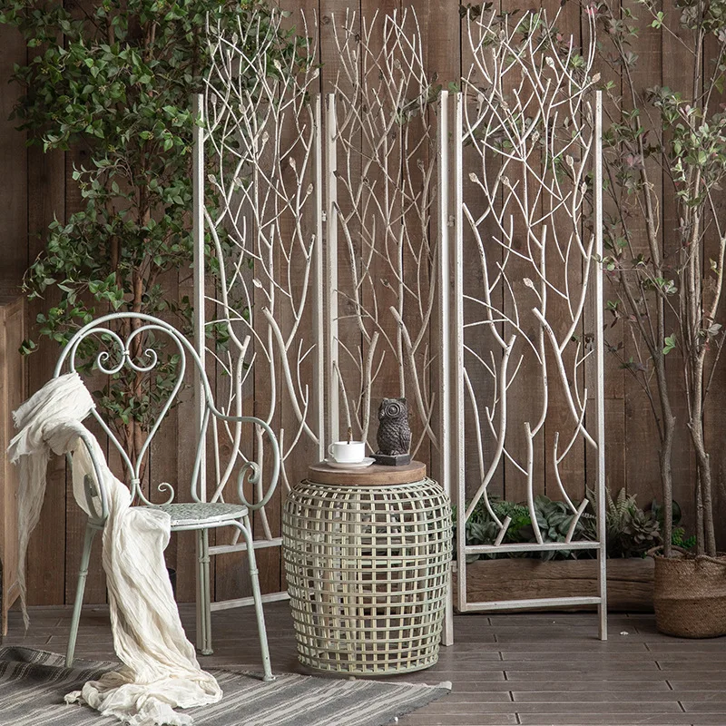 French wrought iron pattern small screen, folding three-screen white old effect, partition mobile floor ornament