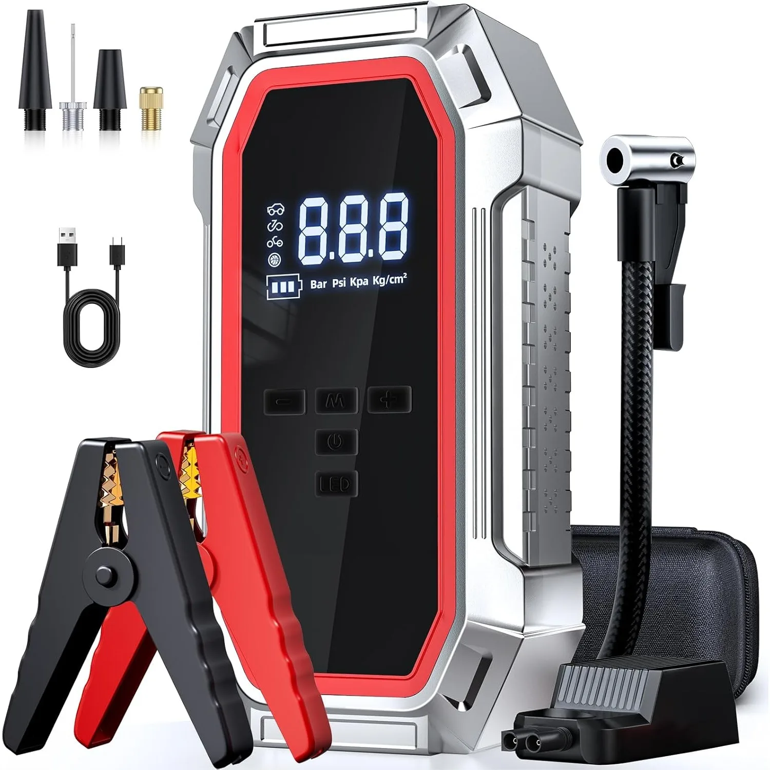 

Jump Starter with Air Compressor 5000A Peak, 160PSI 12V Car Battery Jump Starter Portable for 9.0L Gas/8.0L Diesel, LED & LCD
