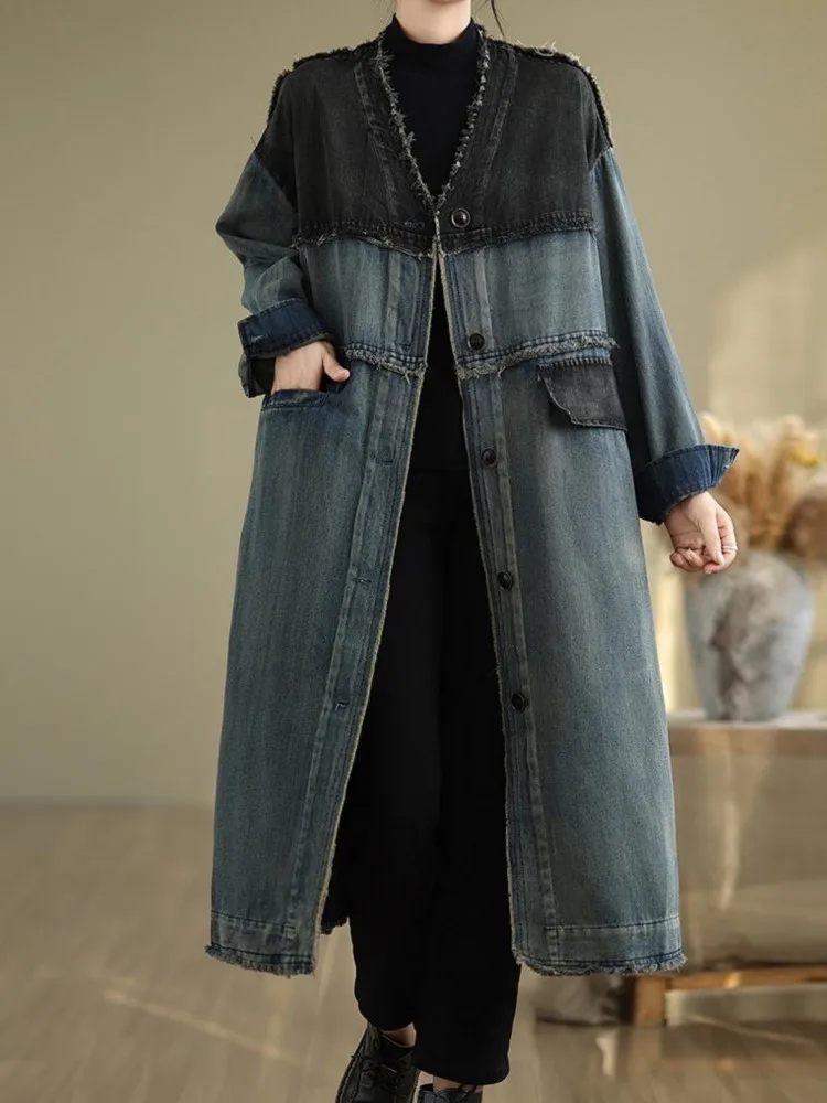 Denim jesienny płaszcz z dekoltem w serek kobiety moda retro luźne plisowane kurtki damskie z długim rękawem Casual kobieta ponadgabarytowe trencze