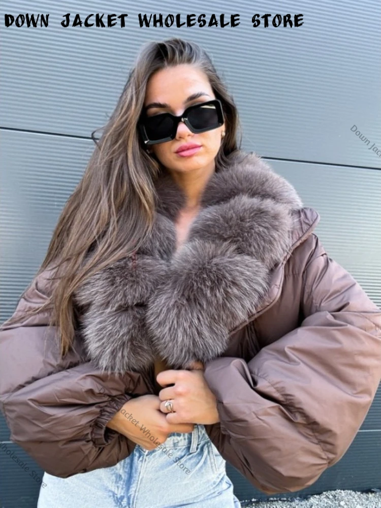 Winter Female White Duck Down Jacket Luxury Loose Short Fashion Casual Women Warm Real Fox Fur Coat Long Sleeve Puffer Jacket