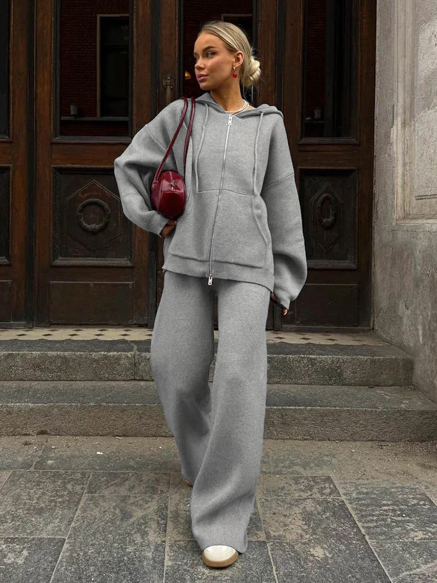 Blubelle Women's Two-piece Sportswear Drawstring Long Sleeved Hooded Sweatshirt and Wide Leg Pants Casual Home Suit Set