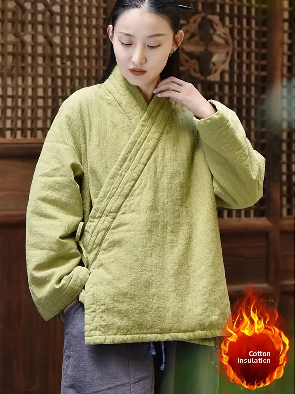 

New Chinese Zen Sle Women's Oversized Jaet with Rope Tie Inner Fce Large Size Winter Coat Artistic Reformed Daoist Robe