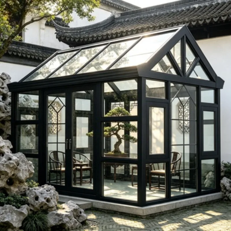 With Double Tempered Glass Aluminum Sunroom Glass House Conservatory Soundproof Sun Room for Courtyard Enclosure Use