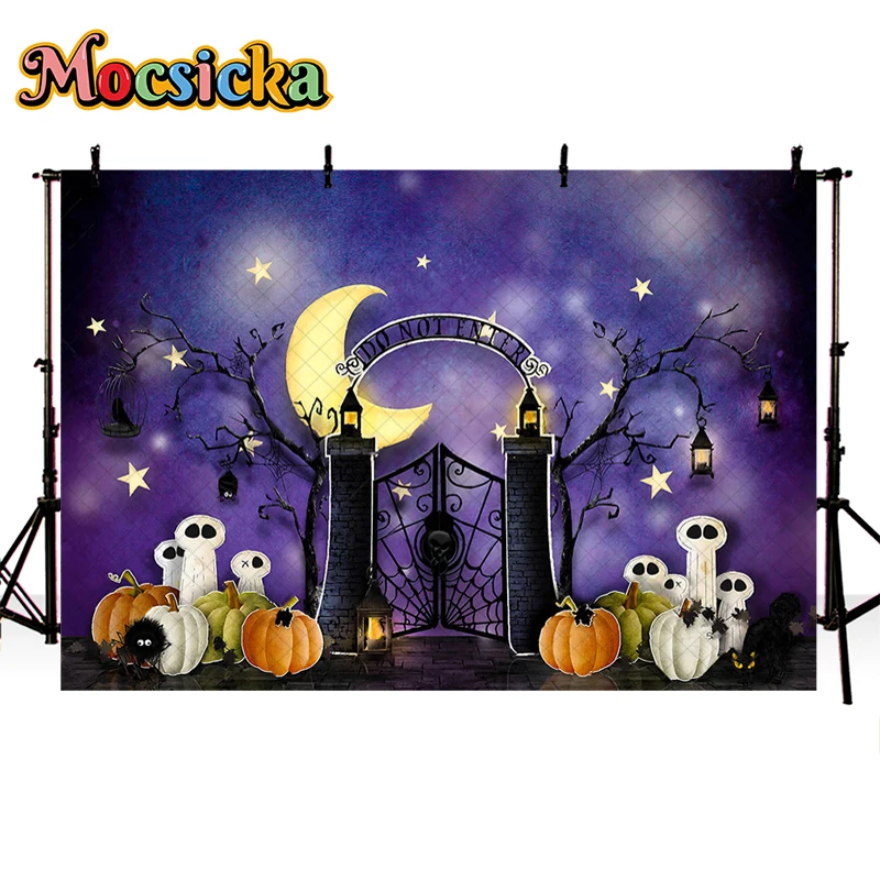 Mocsicka Halloween Cemetery Pumpkin Backdrop Child Baby Photocall Props Adult Kids Birthday Photography Gone Bat Background