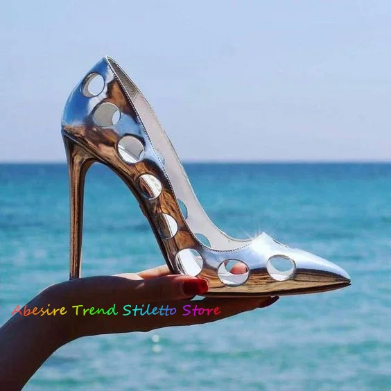 

Silver Patent Leather Pointed Iron Circles Thin High Heels Pumps Women Stiletto Heel Shallow Cuffs Bridal Runway Dress Shoes