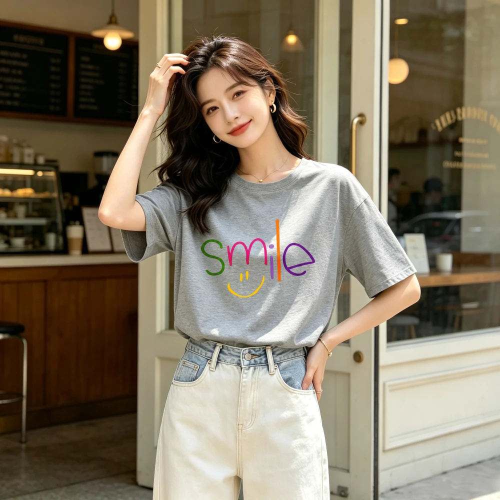 Women Colorful Smile Letter Graphic T Shirt Hand Drawn Happy Face Print Crew Neck Short Sleeve Tee Positive Casual Summer Daily