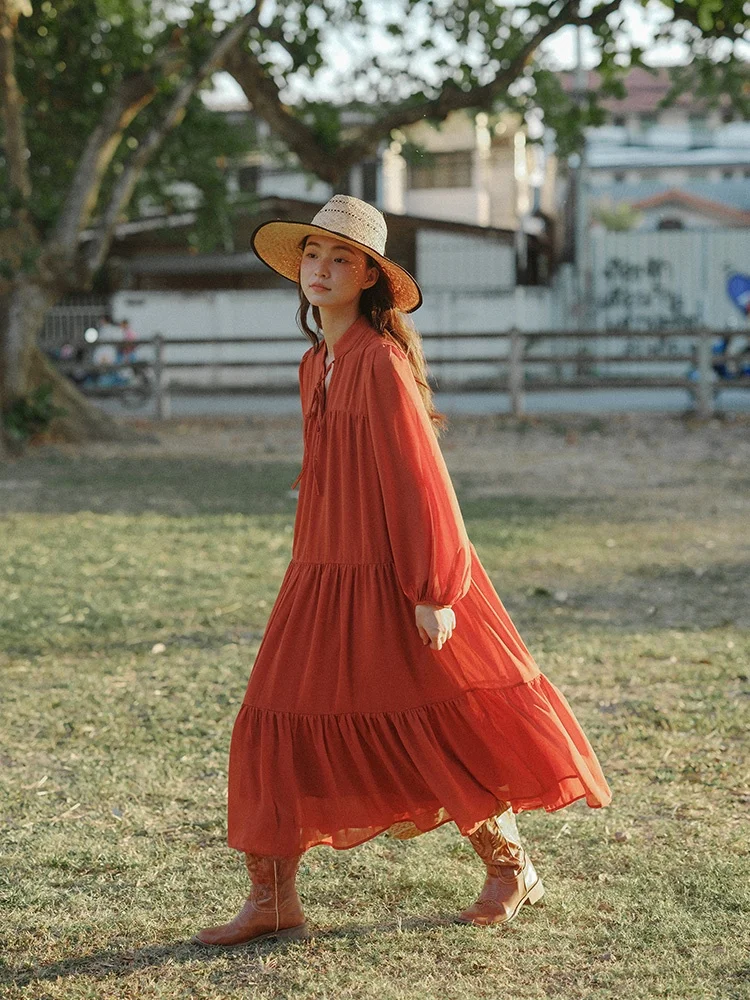 

Bohemian Style Long Sleeve Red Lantern Sleeve Loose Long Dress Holiday Casual Vintage Lazy Style Maxi Dress Women's Skirt