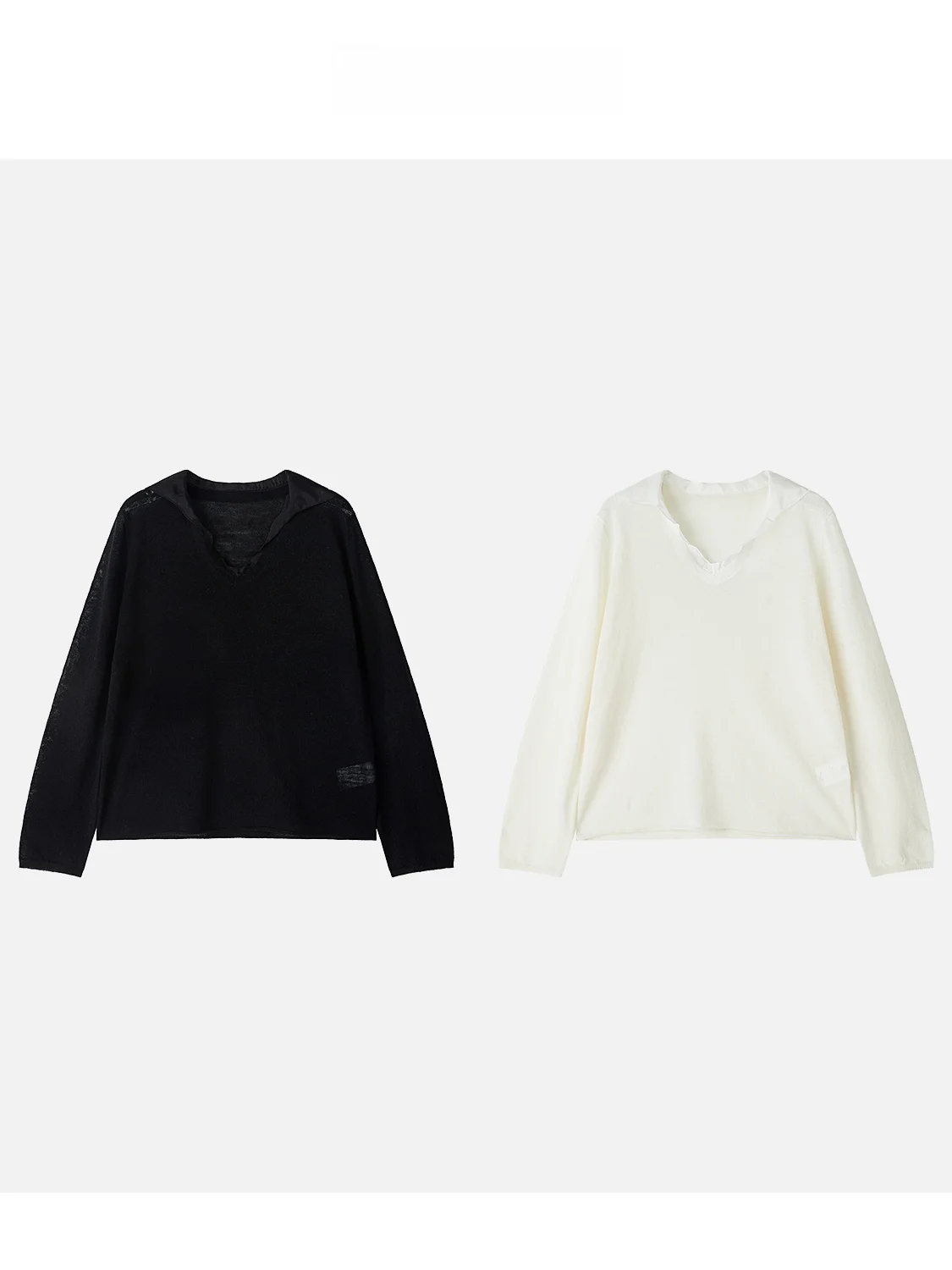 

Дышащая футболка из шерсти с кружевным воротником, черно-белая, простая, универсальная, с длинным рукавом, свободного кроя, весенняя, в китайском стиле