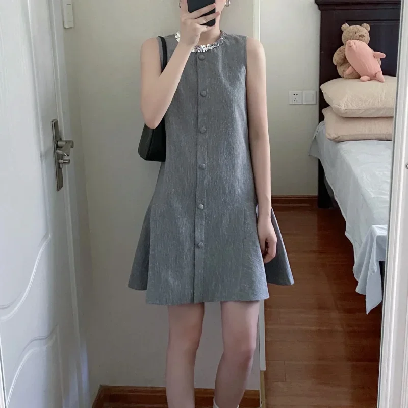 

Flax Round Neck Sequins Simple Small Fragrance Short Dress Women Summer New Grey Sleeveless Sweet Fashion Female Doll Dress