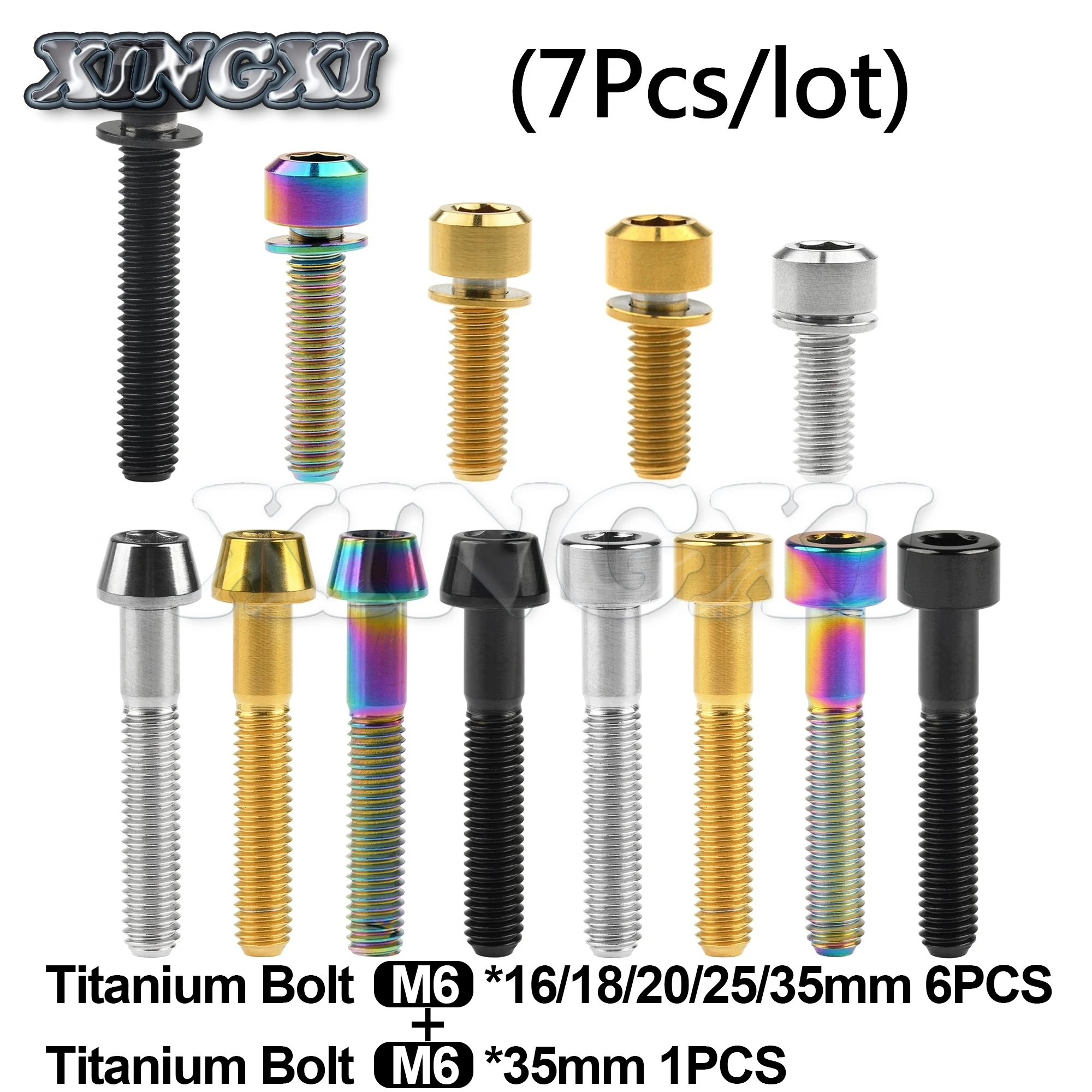 

Xingxi 6Pcs M6x16 18 20 25 35mm With Washer Ti Titanium Bolts And 1 Pcs M6x35mm Taper Head Titanium Screws Bolts Bicycle parts