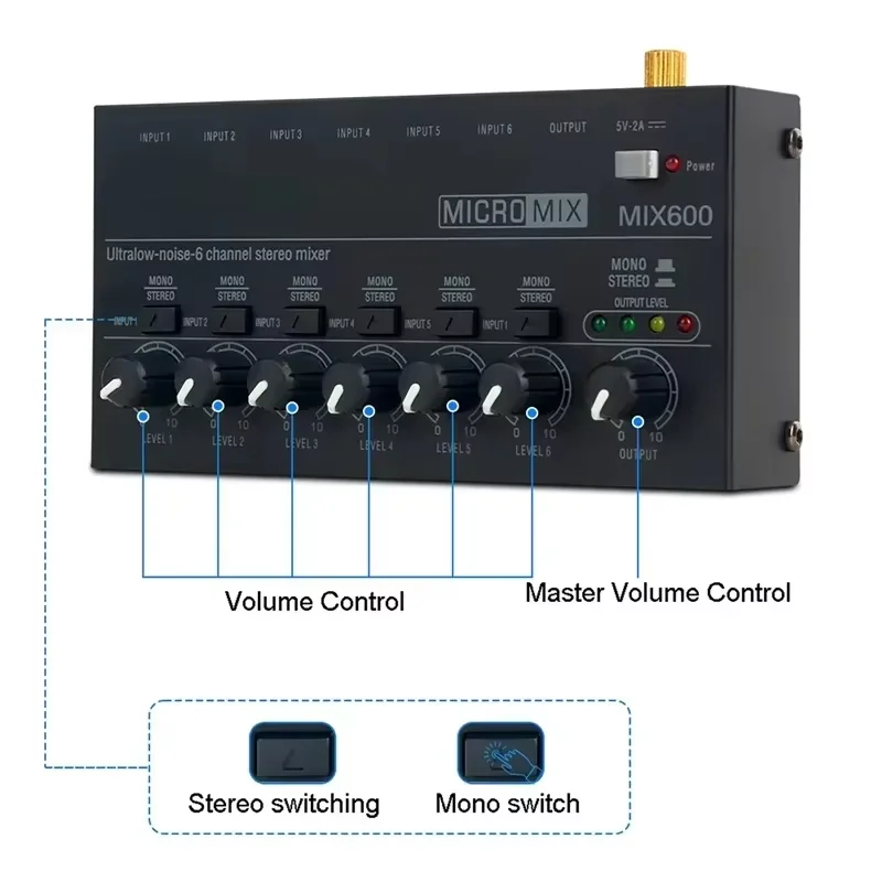 

Mini Sound Mixer Line Mixers Low-Noise 6-Channel 5V Power Supply Compact Size fitting for Studio Live Equipment Household EU/US