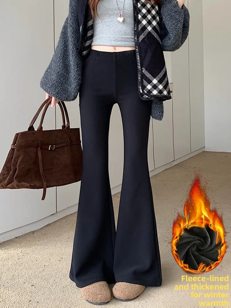 Bla Fce gevoerde hoge taille slanke uitlopende broek dames winter gevoerde afslankende casual lange broek
