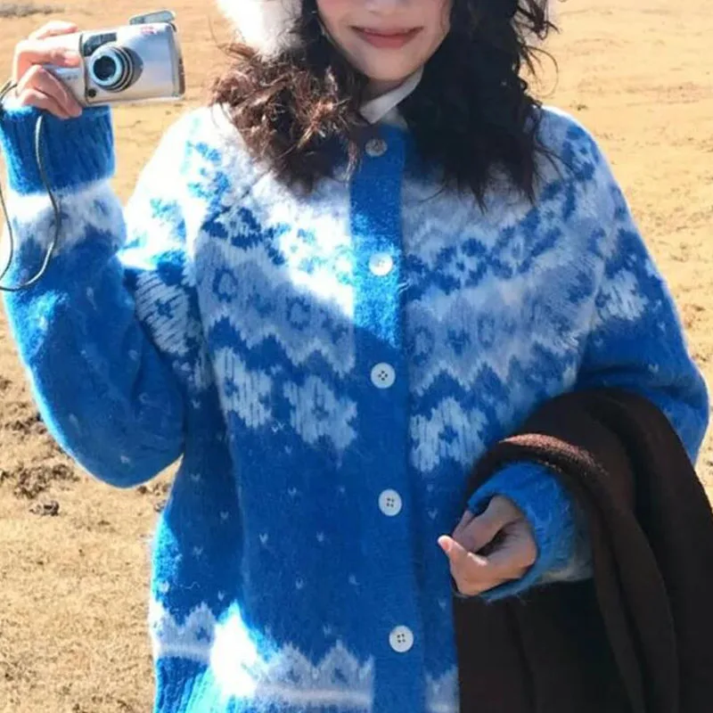 Fair Isle Jacquard Girl Sweater Autumn Winter Lazy Style Cardigan Loose Soft and Sticky Keep Warm Tops Fashion Woman Knitwear